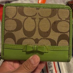 Coach Tan and Green Monogram Wallet